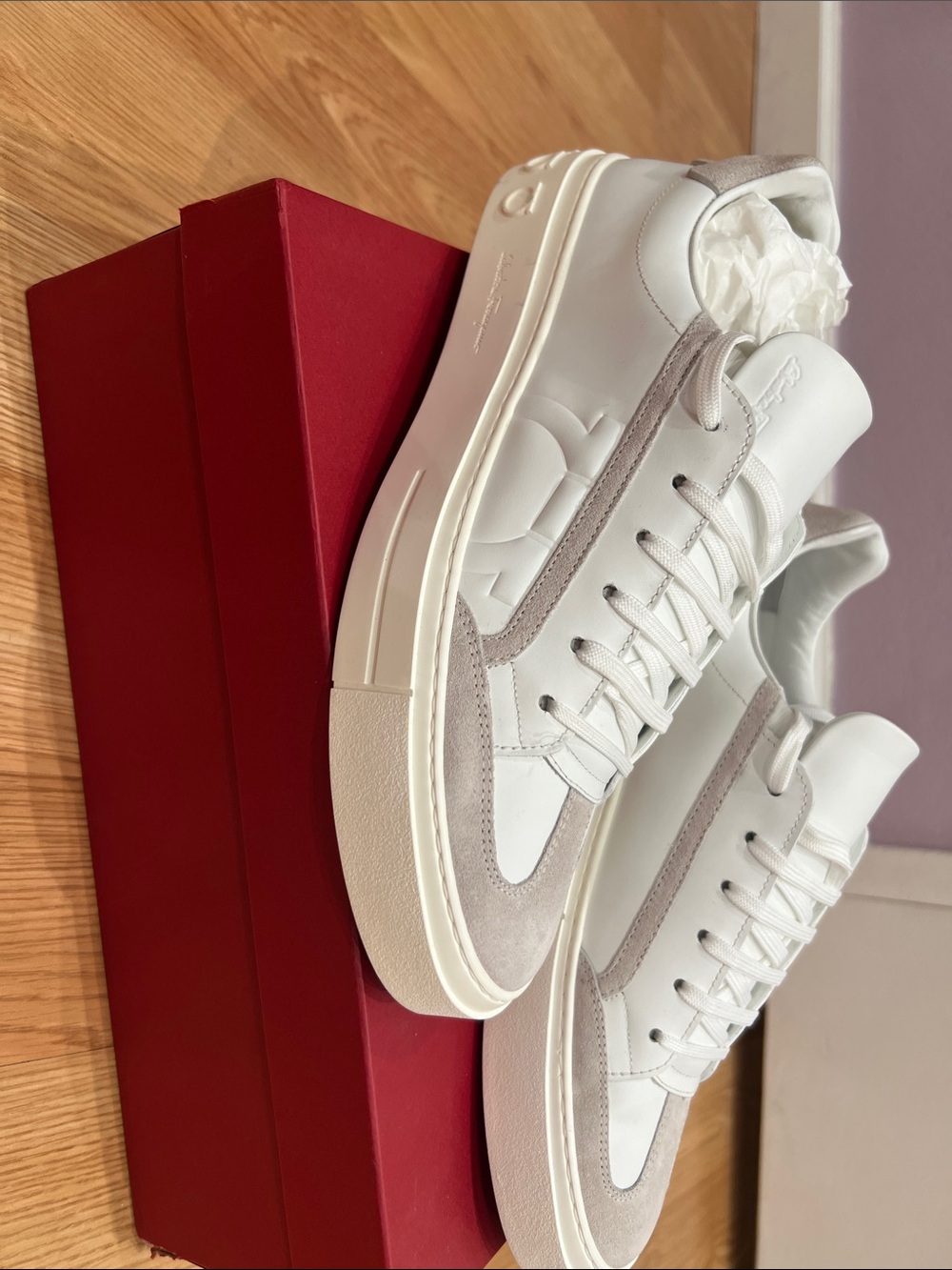 Salvatore Ferragamo White Leather Sneakers with Light Gray Suede Accents